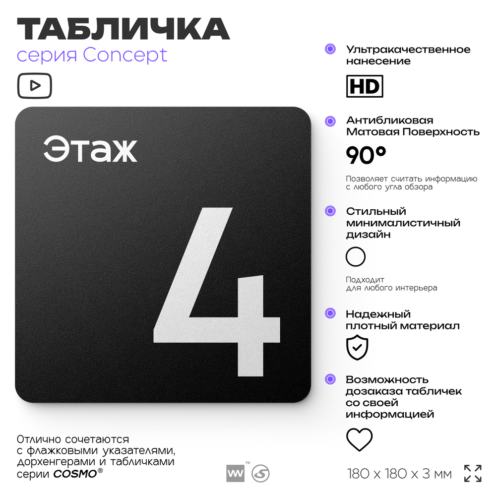 Табличка Этаж 4, на дверь и стену, навигационная и информационная, серия CONCEPT, 18х18 см, Айдентика Технолоджи