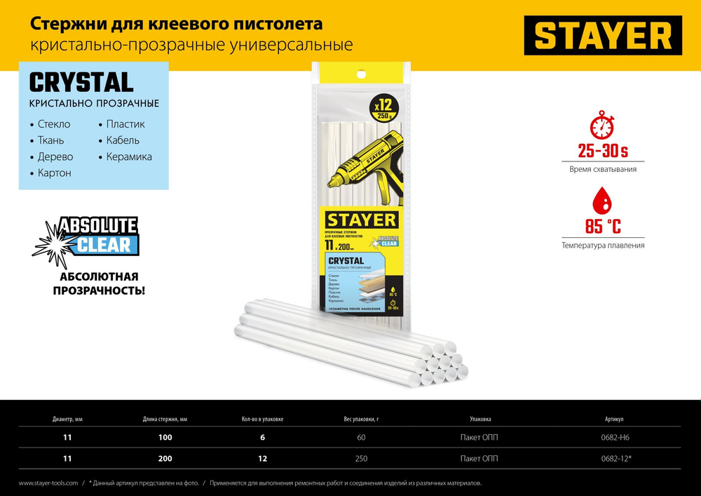 STAYER Cristal прозрачные универсальные клеевые стержни, d 11 мм х 100 мм 6 шт. 60 г.
