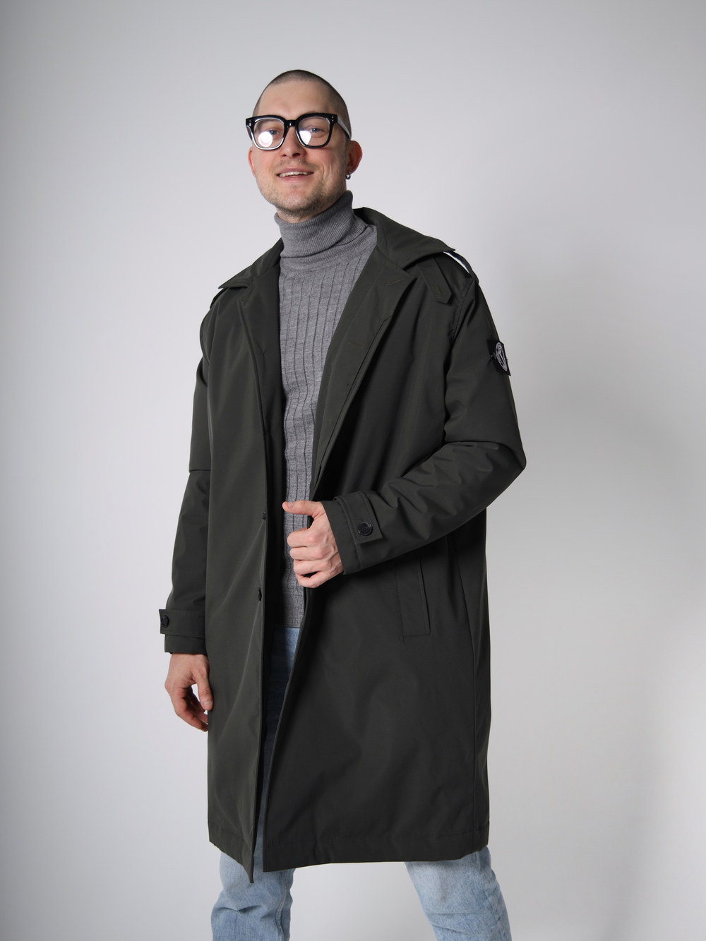 Тренч плащ утепленный демисезонный город горький хаки зеленый