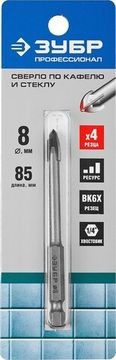 ЗУБР 8 мм, 4х кромка, HEX 1/4, Сверло по стеклу и кафелю, Профессионал (29845-08)