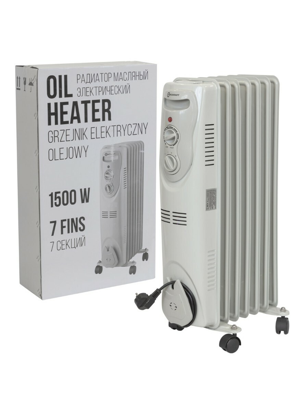 Радиатор масляный электрический (220-240V,50/60Гц,1500Вт,7 секций 15х58см,3 режима нагрева,защ. от перегрева,33х24х62.5см) FORCEKRAFT FK-YL-B08-7