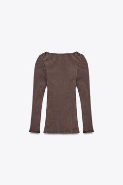 ZARA БЕСШОВНЫЙ ТОП В РУБЧИК С БАНТОМ, ШОКОЛАДНЫЙ