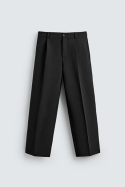 ZARA УКОРОЧЕННЫЕ БРЮКИ WIDE FIT СО СКЛАДКАМИ, ЧЕРНЫЙ