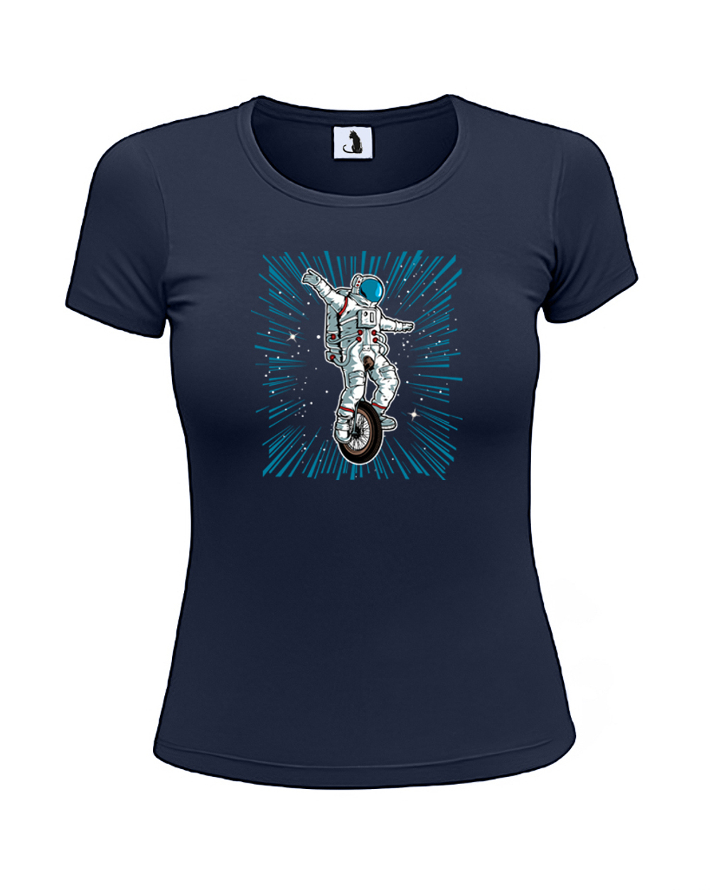 Футболка Астронавт на моноцикле женская приталенная темно-синяя