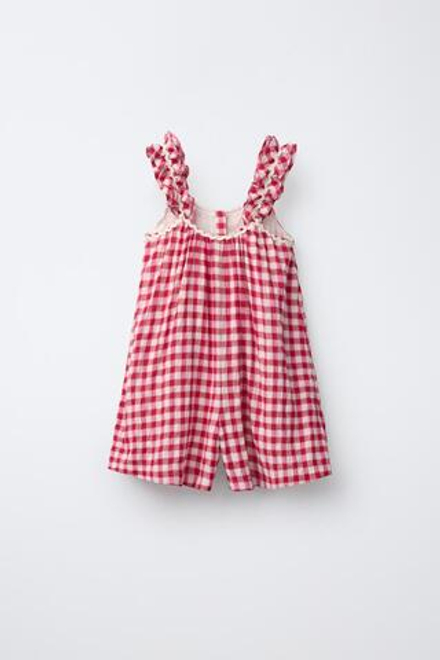 ZARA КОРОТКИЙ КОМБИНЕЗОН В КЛЕТКУ С ВОЛНИСТЫМ КРАЕМ, РОЗОВЫЙ/БЕЛЫЙ