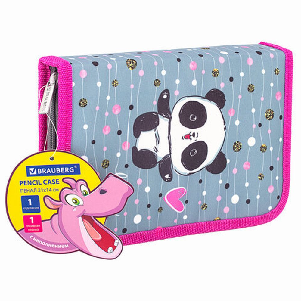 Пенал с наполнением BRAUBERG, 1 отделение, 1 откидная планка, 24 предмета, полиэстер, 21х14 см, "Funny panda", 270315