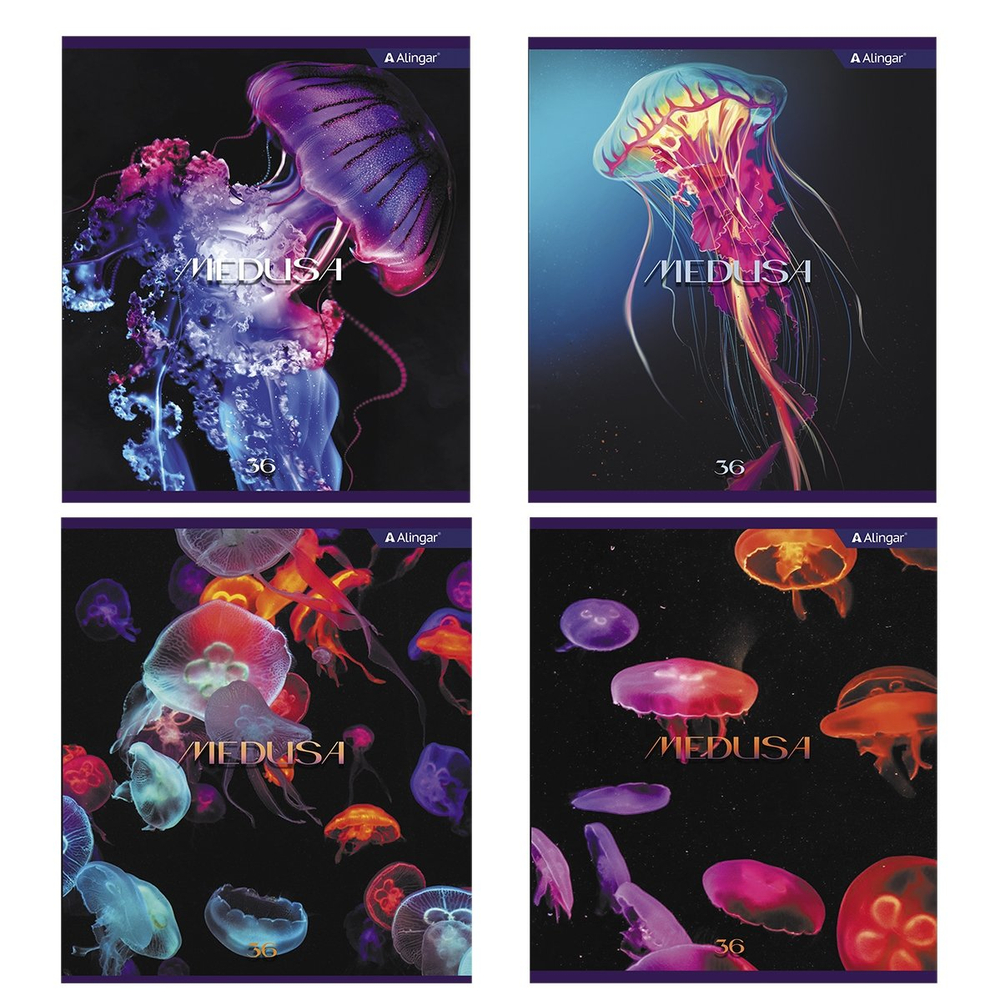 Тетрадь 36 л., А5, клетка, Alingar "Медузы", скрепка, второй блок, мелованный картон (стандарт), 4 дизайна в пленке т/у