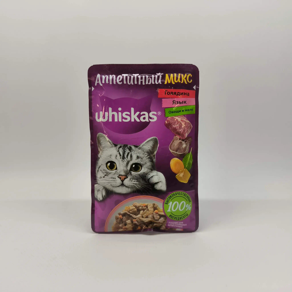 Микс желе говядина/язык/овощи, 75г корм для кошек влажный Whiskas