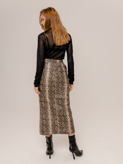 Юбка миди из экокожи в змеином принте хаки