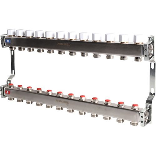 Коллектор Rommer 1"x3/4" на 12 контуров с запорными клапанами (нерж. сталь) RMS-3200-000012