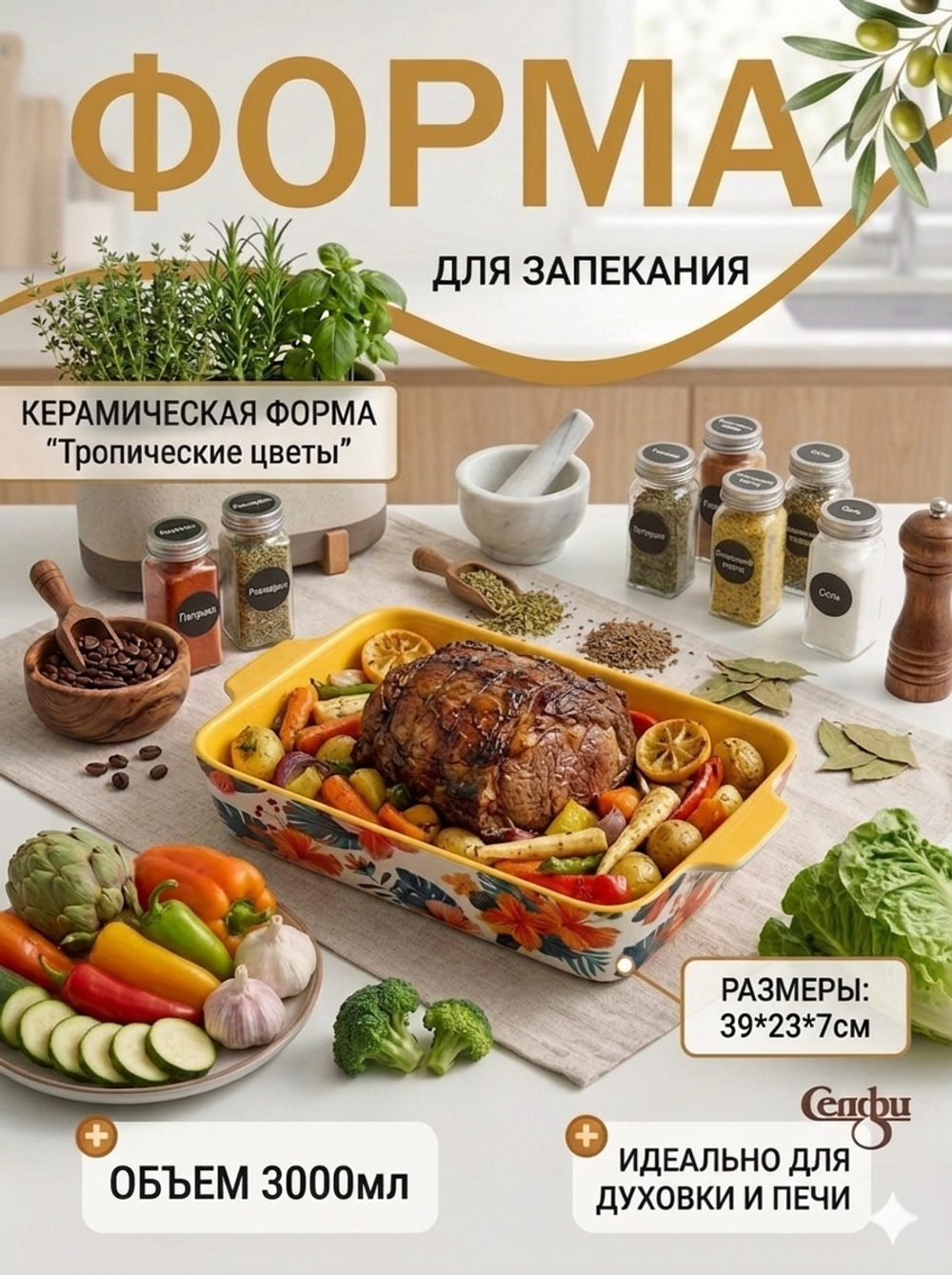 Форма керамическая для запекания «Тропические цветы» 39*23*7см
