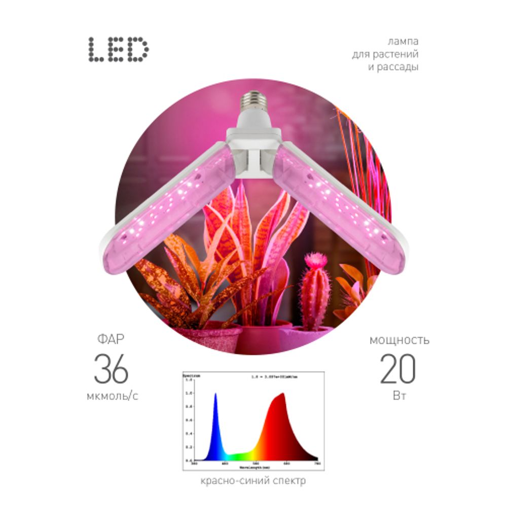 Фитолампа для растений светодиодная ЭРА GREEN LINE ФИТО-20W-PL-E27-GR 2-х лепестковая красно-синего спектра 20 Вт Е27