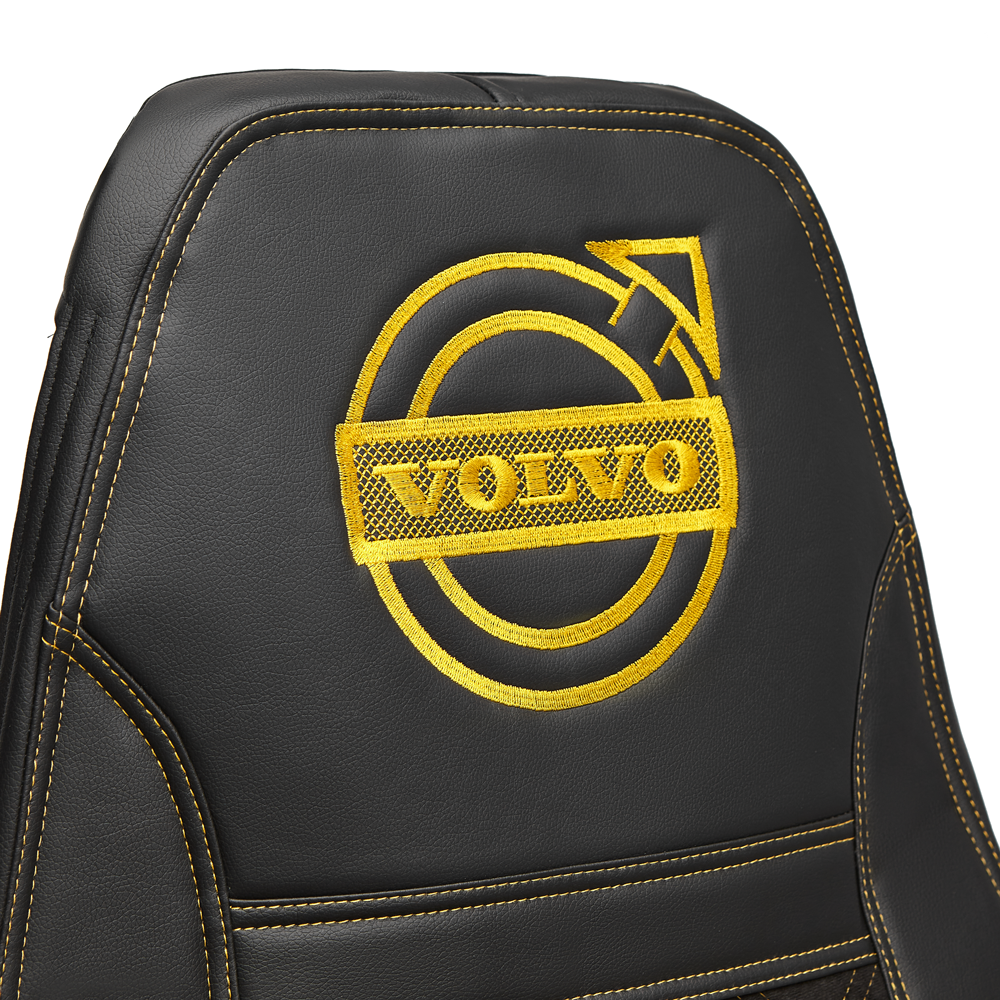 Чехлы VOLVO FH-13 после 2018 года: 2 высоких сиденья, ремни от стоек сиденья (нет вырезов под ремень) (экокожа, черный, желтая вставка)