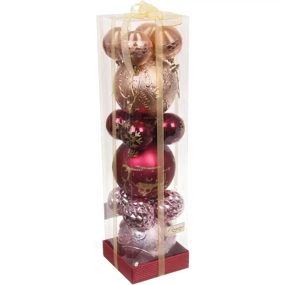 Набор шаров «Winter ice» 10 см + 5 см (15 предметов), Шампань/Рубин/Розовое золото