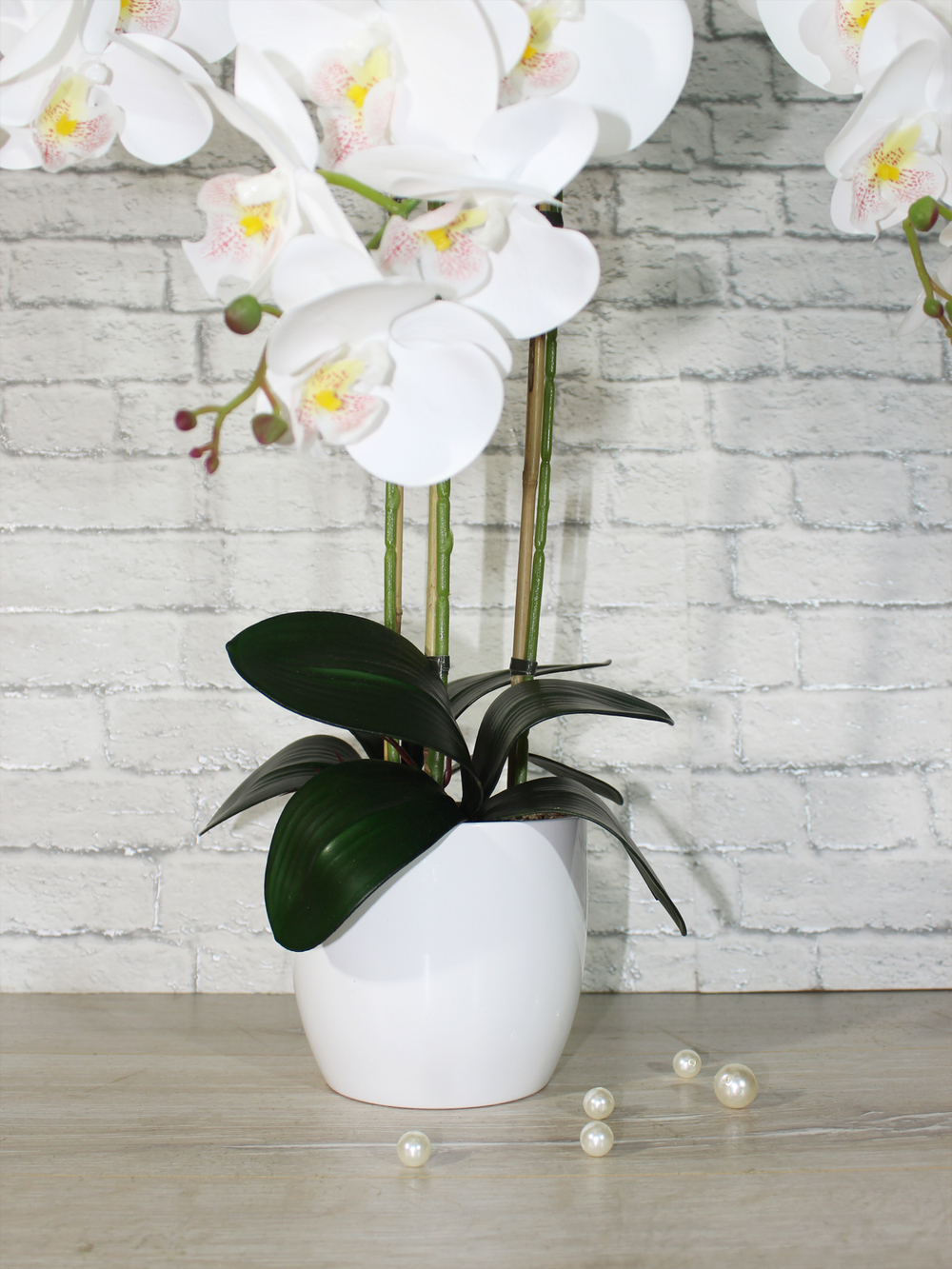 Искусственные цветы Орхидеи Люкс 3 ветки белые латекс 65см в кашпо