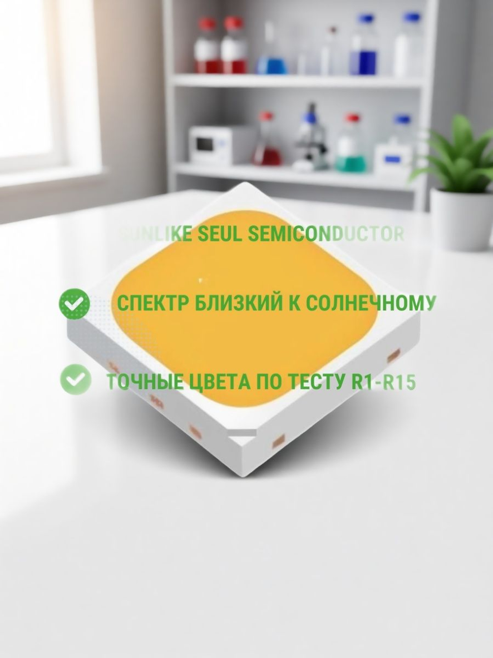 Светодиод с высокой цветовой передачей на матрице SunLike 3030 3.2-3.4V 60-150mA 2700K CRI95 3х3мм Seul Semicindoctor
