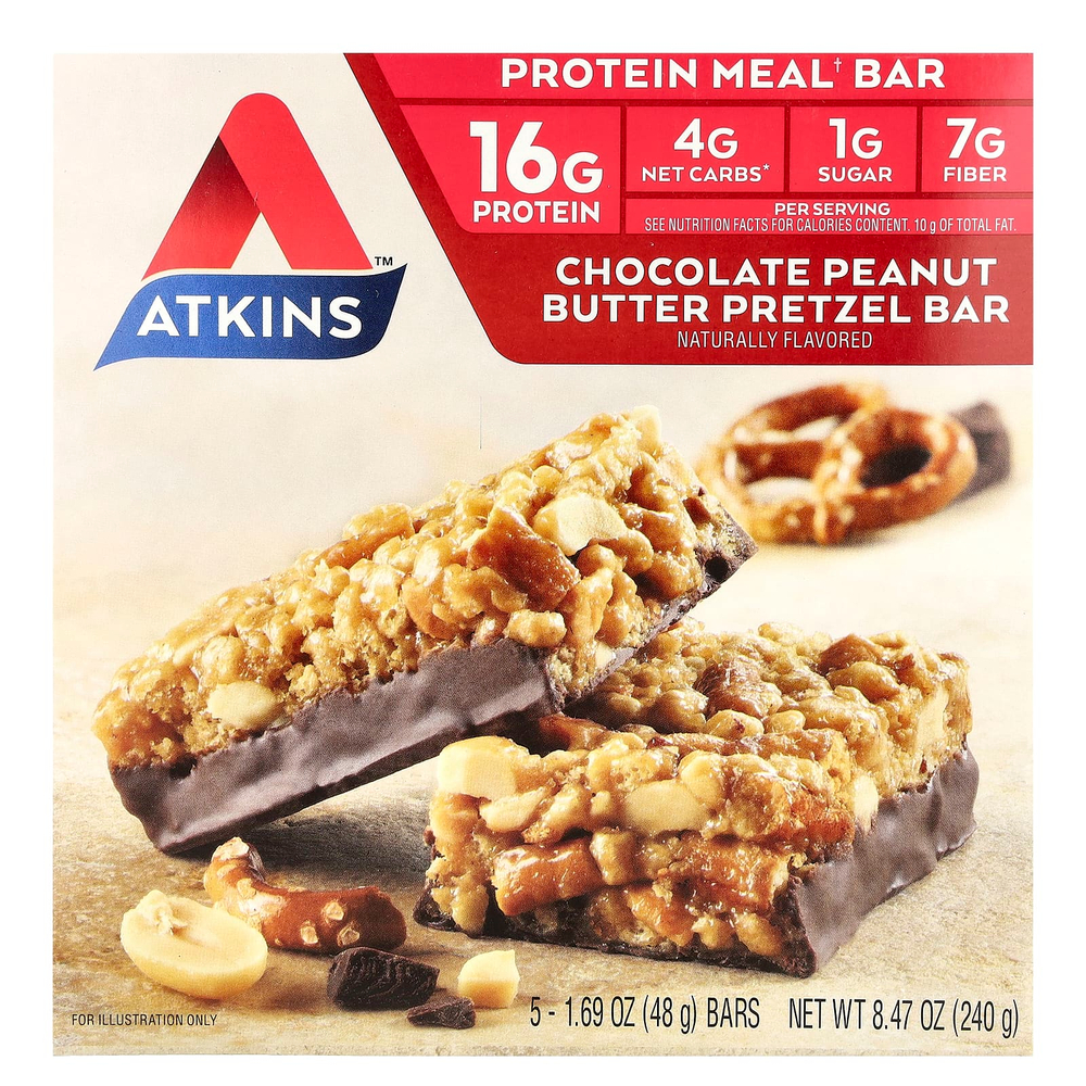 Atkins, протеиновый батончик, крендель с шоколадом и арахисовой пастой, 5 шт. по 48 г (1,69 унции)