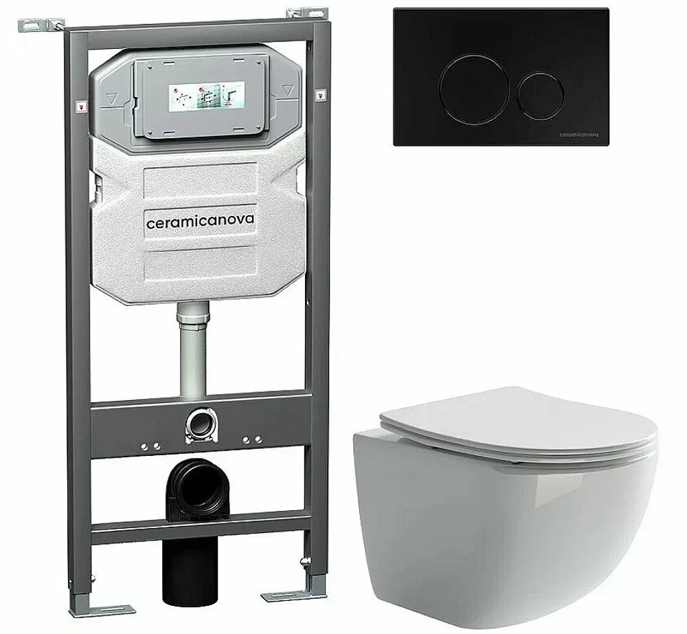 Унитаз подвесной Ceramica Nova Forma CN3009_1001B_1000 безободковый, с крышкой микролифт, с инсталляцией и черной матовой кнопкой