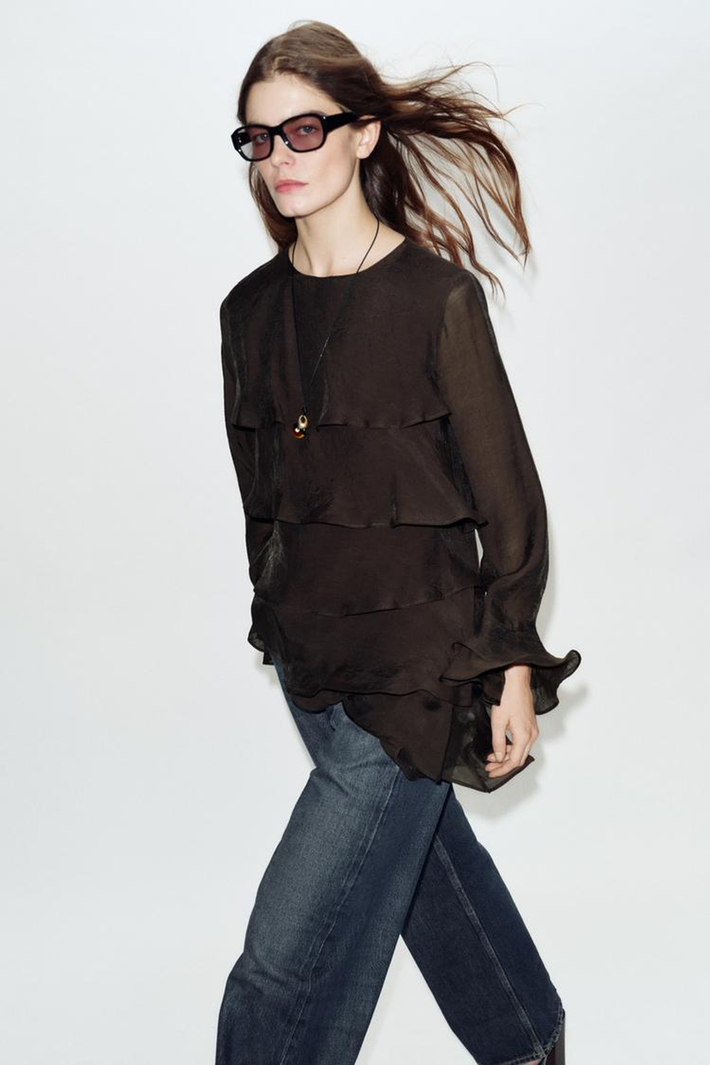 ZARA АСИММЕТРИЧНЫЙ ТОП С ВОЛАНАМИ, КОРИЧНЕВЫЙ