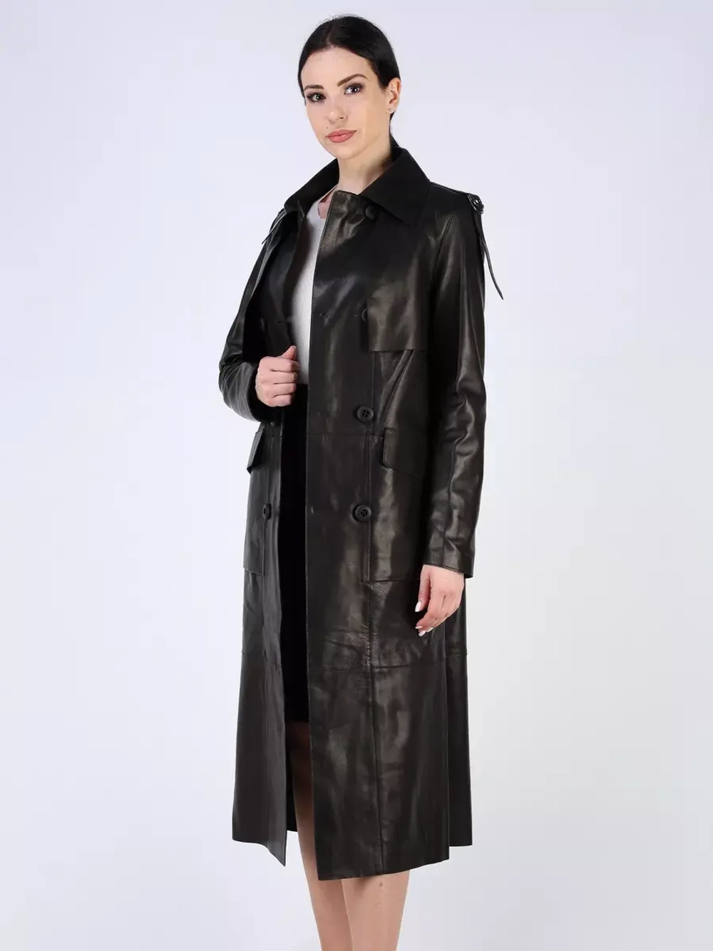 Кожаный тренч длинный с поясом плащ на осень