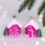 Елочные игрушки «Домик в лесу» 7 см (набор 2 шт), Розовый