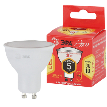 Лампа светодиодная ЭРА RED LINE ECO LED MR16-5W-827-GU10 5Вт софит теплый белый свет GU10