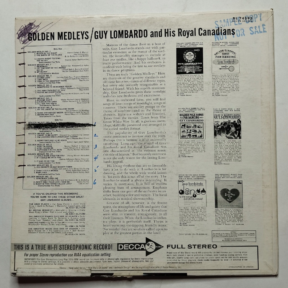 Винтажная виниловая пластинка LP Guy Lombardo And His Royal Canadians Golden Medleys (USA 1966)