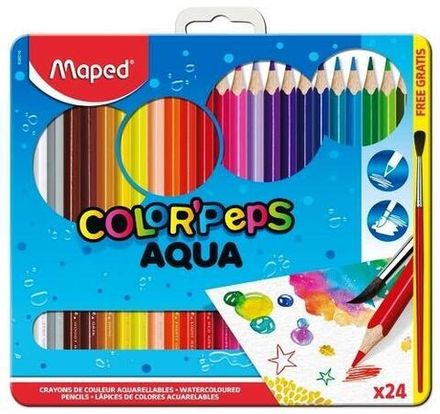 Карандаши акварельные 24 цвета с кистью, Maped Color Peps Aqua, металлическая коробка