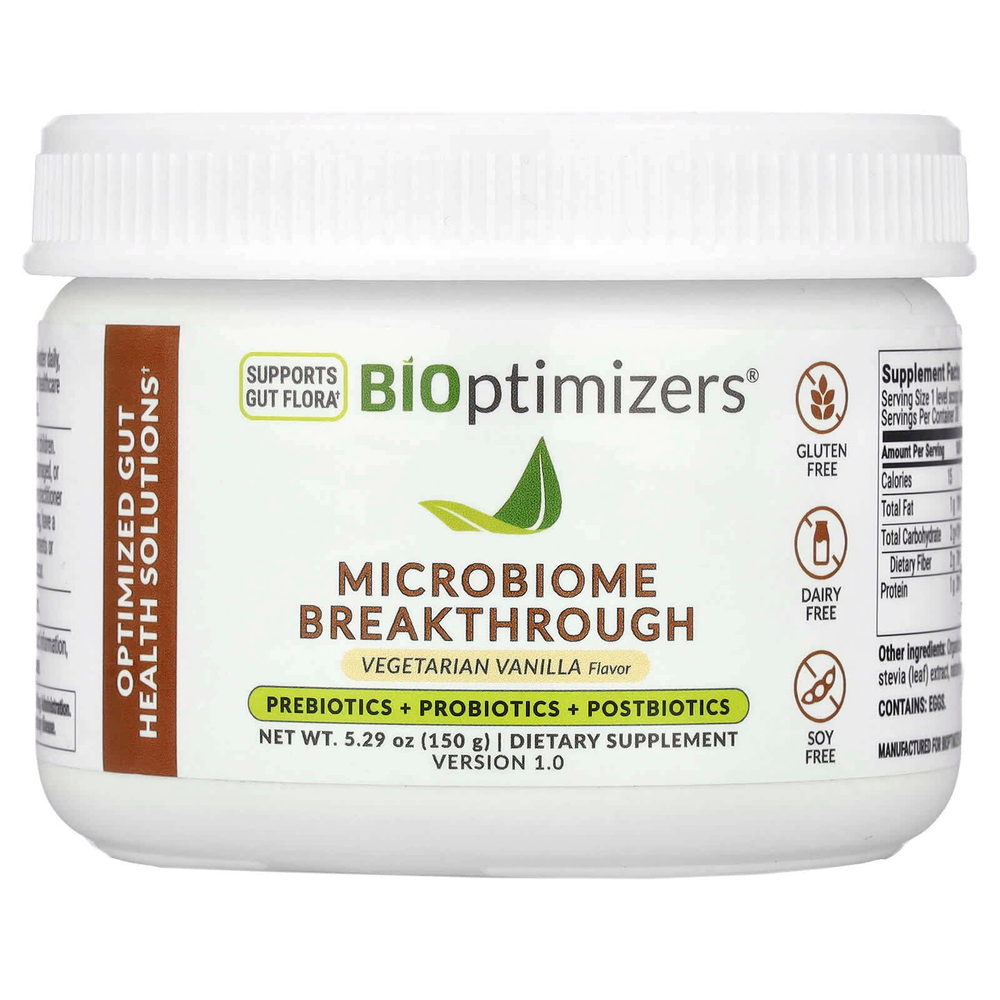 BIOptimizers, Microbiome Breakthrough, пребиотики, пробиотики и постбиотики, вегетарианская ваниль, 150 г (5,29 унции)