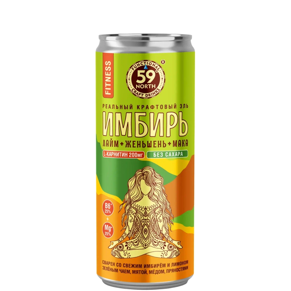 Имбирный эль ФИТНЕС Лайм+Женьшень+Мака 59NORTH, 330 мл, банка спереди