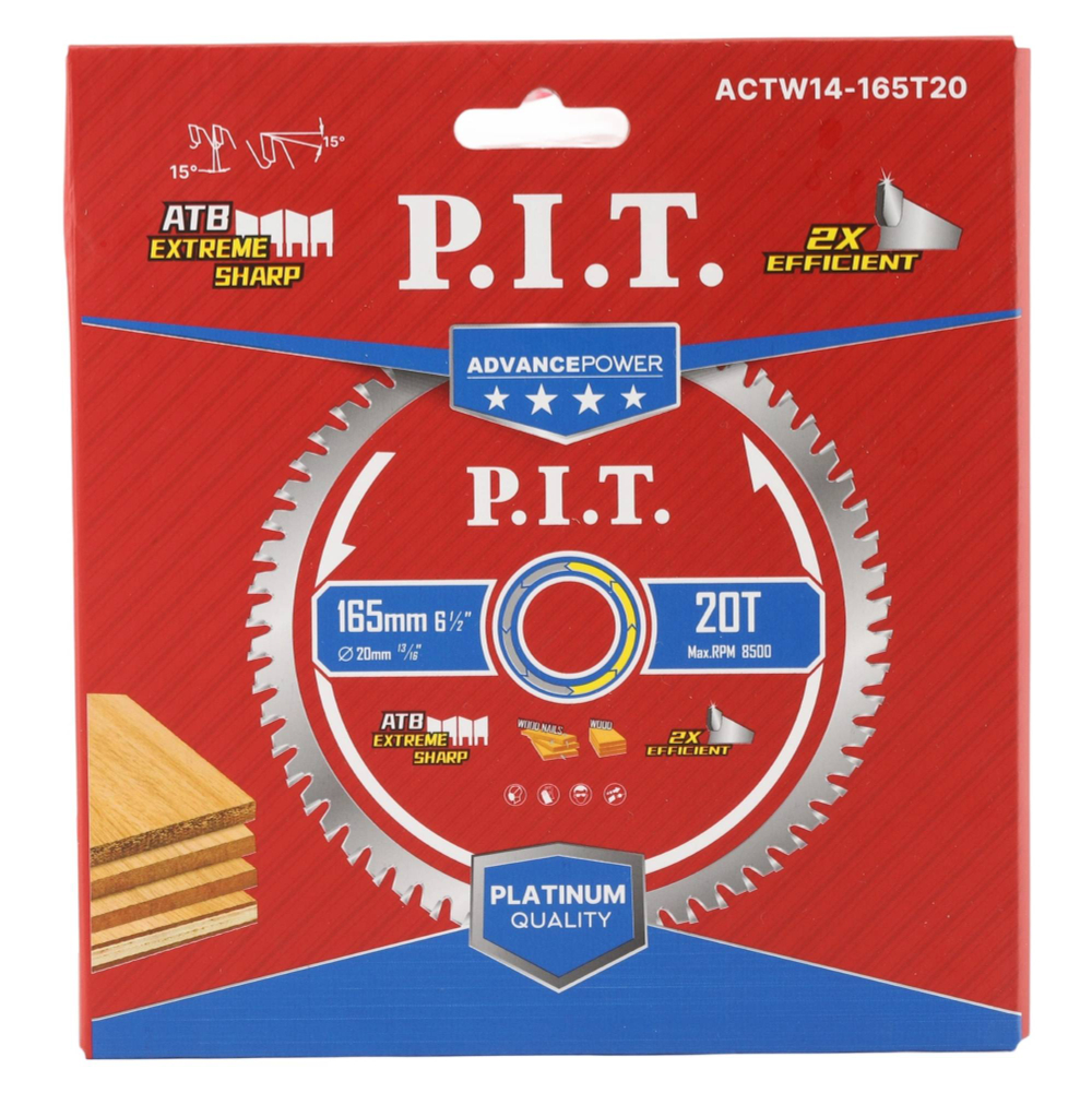 Диск пильный по дереву P.I.T. 165x20x1,4 мм, 20T Carbide, зуб ATB 15° (ACTW14-165T20)