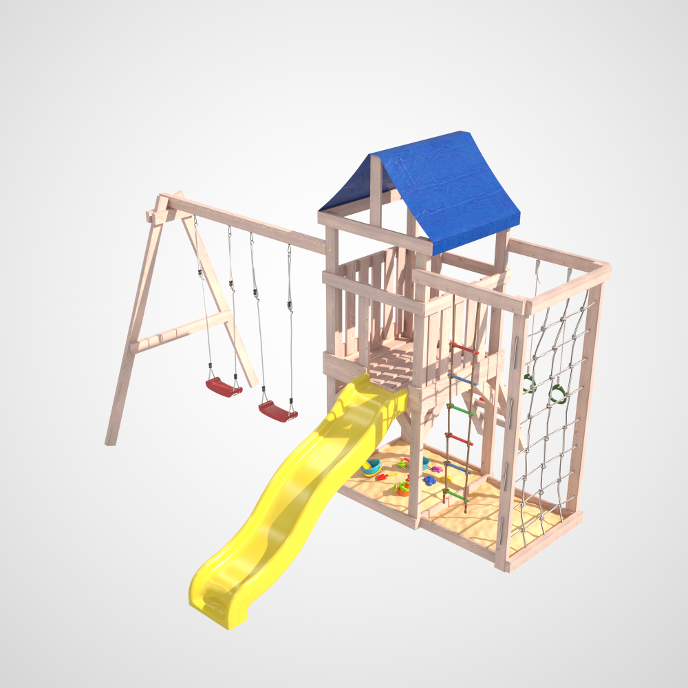 Детская площадка для улицы и дачи Fun Land неокрашенная с сеткой стенкой и качелями