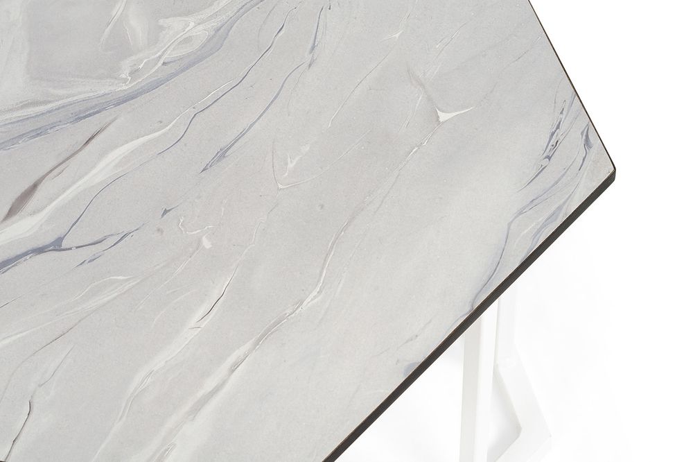 "Женева" интерьерный стол из HPL шестиугольный, D50, H35, цвет "мрамор пепел", каркас из стали белый муар