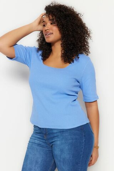 Сиреневый облегающий камзол с квадратным вырезом, вязаная Базовая футболка больших размеров TBBSS22BF0027