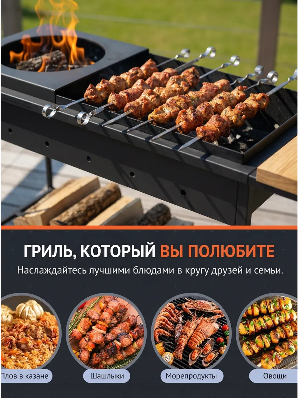 Мангал гриль барбекю с подказанником для шашлыка и барбекю