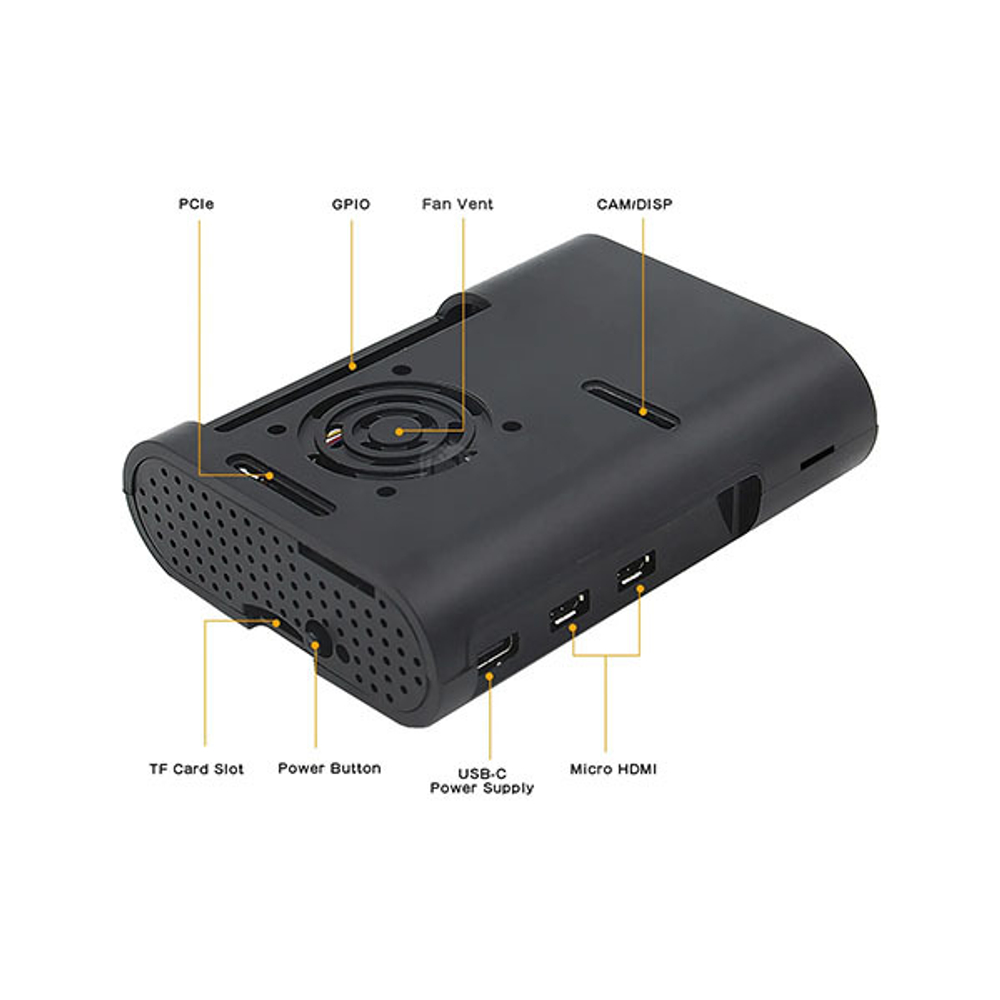 Черный овальный корпус для Raspberry Pi 5 с возможностью размещения вентилятора