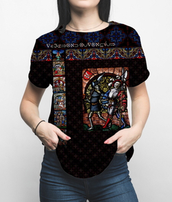 Футболка "Сквозь витражное стекло", по мотивам витража "Пляска Смерти" Бернского собора. XIV в.