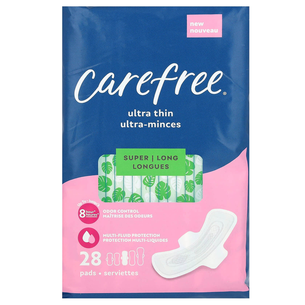 Carefree, ультратонкие, супердлинные прокладки с крылышками, 28 штук