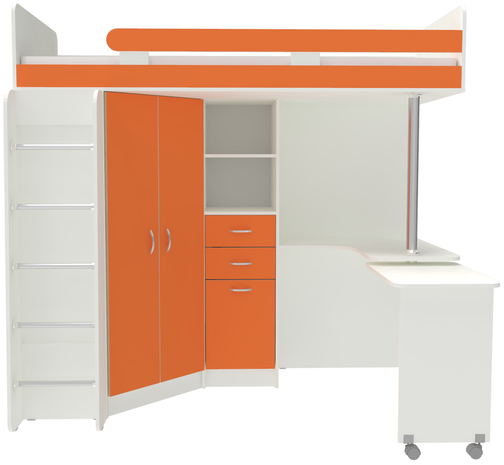 Кровать-чердак КарИВи Юниор 3 с металлической лестницей Белый  Оранжевый