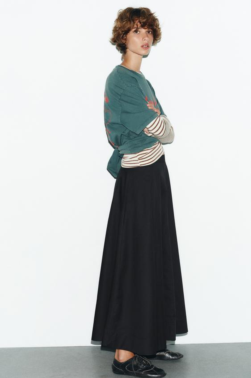 ZARA ЮБКА МИДИ В СКЛАДКУ, ЧЕРНЫЙ