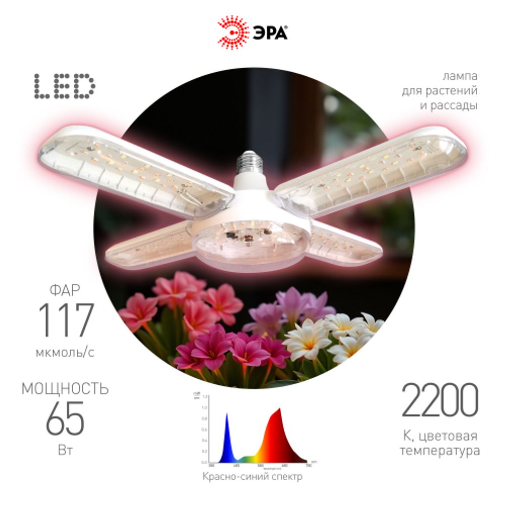 Фитолампа для растений светодиодная ЭРА GREEN LINE ФИТО-65W-PL-E27-GR 5-ти лепестковая розового свечения 65 Вт Е27 | ФИТО светильники