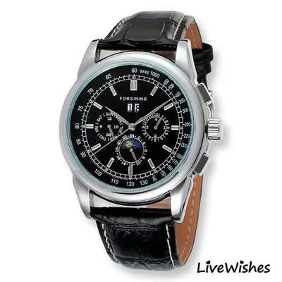 Часы наручные механические с автоподзаводом FORSINING на кожаном ремешке, серебристый/черный W9020-03