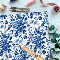 Ткань интерлок цветы и розы гжель