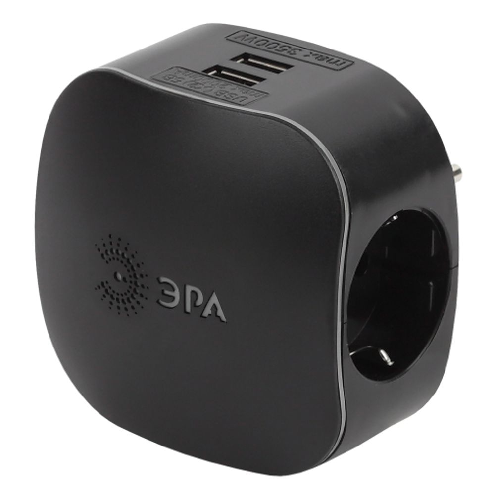 Разветвитель электрический ЭРА SP-3e-USB-BLACK на 3 розетки + 2 USB с заземлением со шторками 16А черный | Электротовары