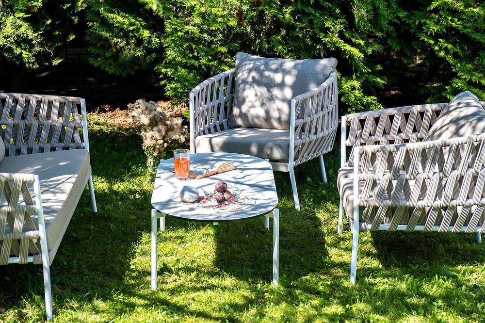 "Диего" лаунж-зона 4-местная плетеная из роупа (веревки), каркас алюминиевый белый, роуп бежевый