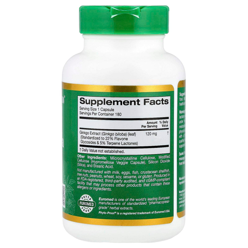 California Gold Nutrition, EuroHerbs®, экстракт гинкго билоба, качество Euromed, 120 мг, 180 растительных капсул
