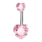 Украшение для пирсинга пупка "Два сердца" с розовыми кристаллами . Медицинская сталь