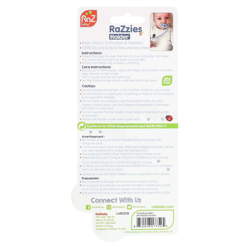 RaZbaby, Держатель для пустышки RaZzies, от 0 месяцев, синий / серый``, 2 держателя