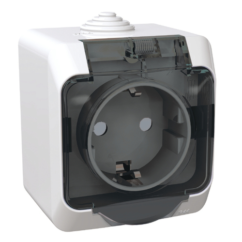 Schneider Electric ЭТЮД Белый Розетка 1-местная с заземляющими контактами со шторками с крышкой IP44 открытая установка PA16-044B