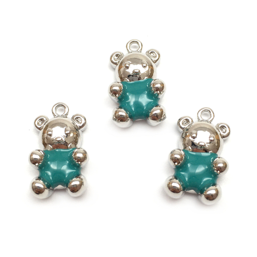 Подвеска с изумрудной эмалью "Мишка Тедди" 16х9 мм, родий